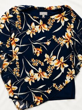 Laura Navy Floral Overlay Blouse with Yellow-Cream Blooms